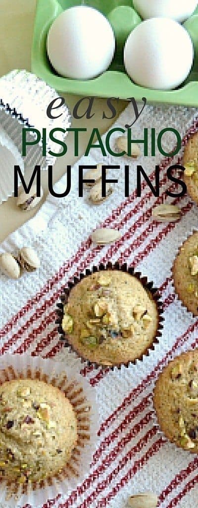 these easy pistachio muffins are a great treat to celebrate Saint Patricks Day or for a tasty breakfast muffin! They aren't green in color because the food coloring that causes the green color has been omitted from the recipe.