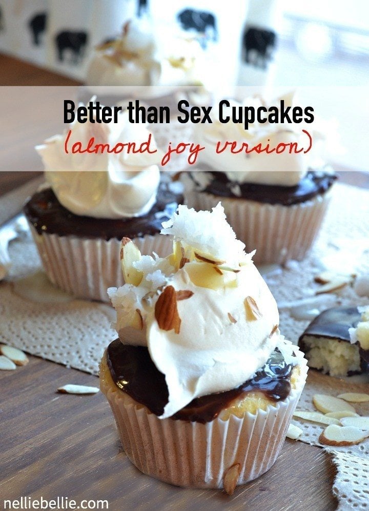 Almond Joy Better than Sex cupcakes recipe from nelliebellie.com.