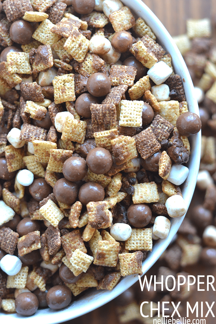 This Whopper Chex Mix is a great twist on the traditional and perfect for large groups! Recipe from nelliebellie.com chex muddy buddies