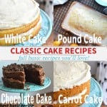 A collection of classic basic cake recipes with the full recipes for white cake, chocolate cake, pound cake, and carrot cake. More cakes being added often. | nelliebellie.com