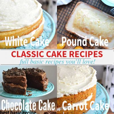 A collection of classic basic cake recipes with the full recipes for white cake, chocolate cake, pound cake, and carrot cake. More cakes being added often. | nelliebellie.com