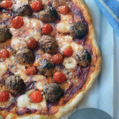 Meatball pizza recipe (we call it polka dot pizza in our house) is fast, easy, and delicious! A great recipe for family pizza night! #MeatballMasters #ad