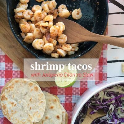 shrimp tacos are an easy, healthy dinner. This recipe uses Jalapeno Cilantro Coleslaw that is yummy!