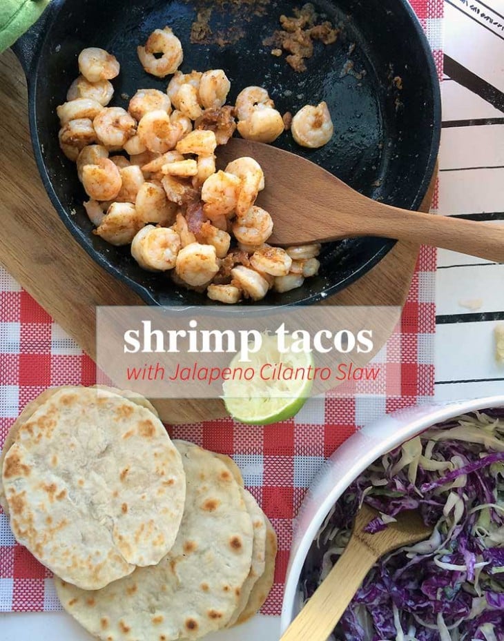 shrimp tacos are an easy, healthy dinner. This recipe uses Jalapeno Cilantro Coleslaw that is yummy! 