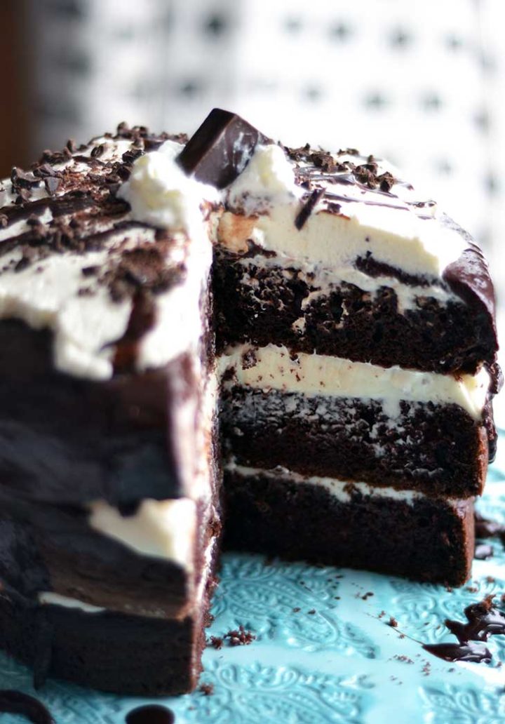 This easy chocolate tuxedo cake is super delicious, and because it doesn't have hard frosting techniques, is a great layered cake for beginners!