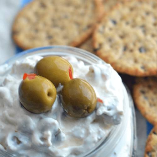 3 ingredient cream cheese olive dip. So easy and a perfect appetizer for a party!