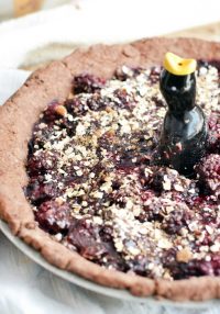 Birdman Pie. A vegan blackberry whiskey pie with chocolate pie crust.