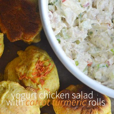 Yogurt chicken salad with carrot turmeric rolls. Complete recipes for both on nelliebellie.com