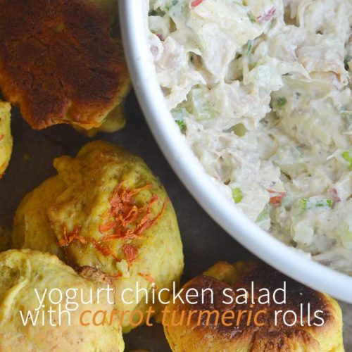 Yogurt chicken salad with carrot turmeric rolls. Complete recipes for both on nelliebellie.com