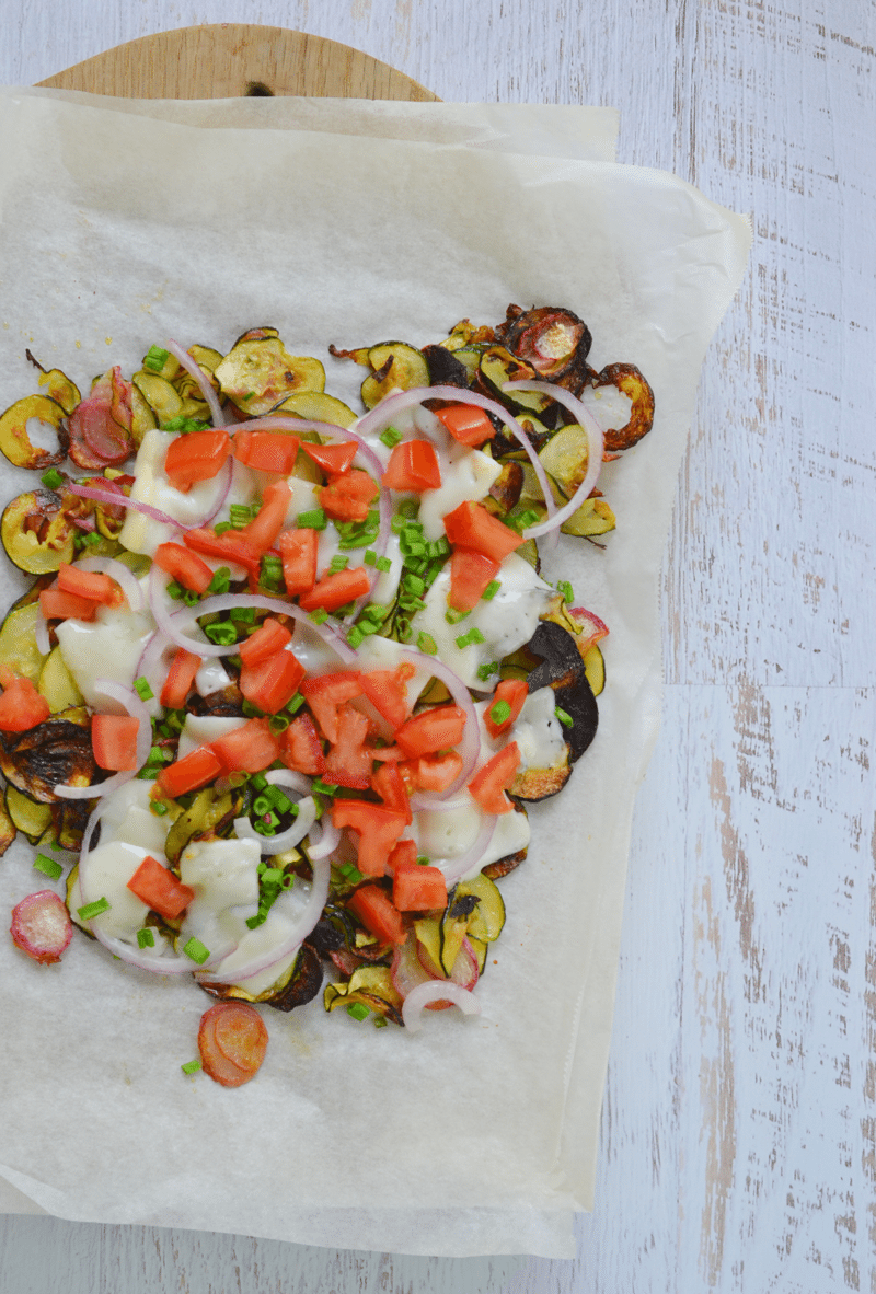 veggie nachos – veggies and cheese for days!