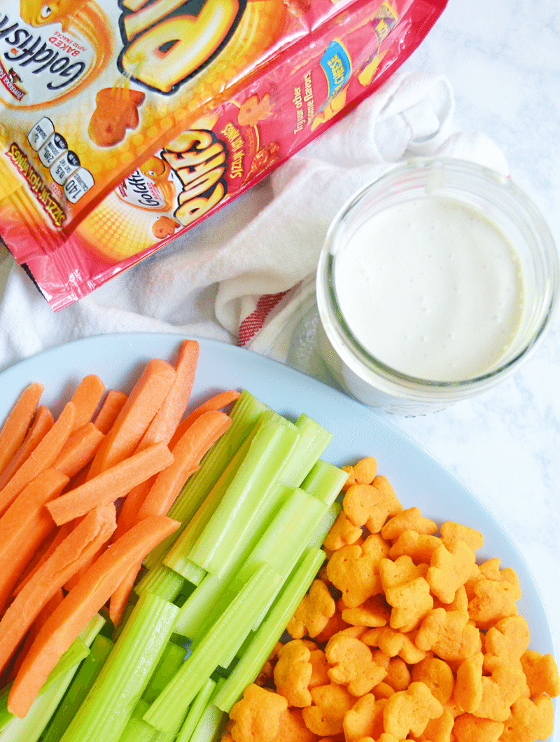 Homemade blue cheese dressing is perfect to go with celery, carrots, and crackers. #GoldfishTales #ad