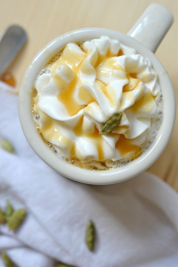 Cardamom Caramel Latte Recipe. Easy to make and a fanatastic addition to your fall coffee recipes!