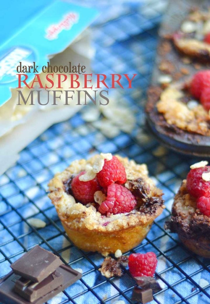 Dark Chocolate Raspberry Muffins made with Rice Krispies. These are gluten-free with a crisp crumble topping. They sure don't look like much but don't be fooled, these muffins are AMAZING!