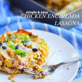 Easy to make chicken enchilada lasagna is a meal your family will love! Uses no-boil noodles, pre-seasoned meat and corn, and a simple to make sauce. This is a delicious and easy meal!