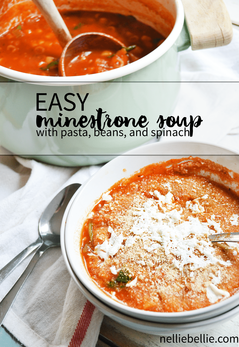 easy minestrone recipe with pasta, beans, and spinach. A hearty soup that your family will love!