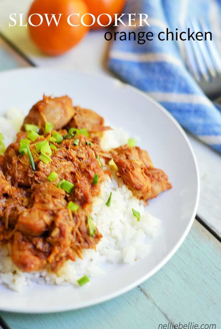 Slow cooker orange chicken with 5 minutes of prep time. A fix an forget it meal the family will love!