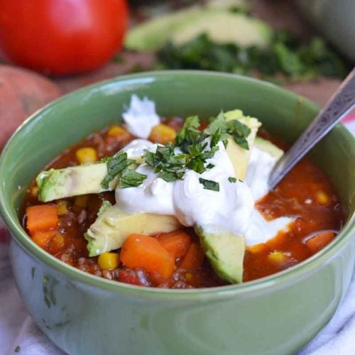 One-pot sweet potato chili reminds me of my grandma's chili with a fresh update. Kid's love the sweetness of sweet potatoes and YOU'll love the nutrients!