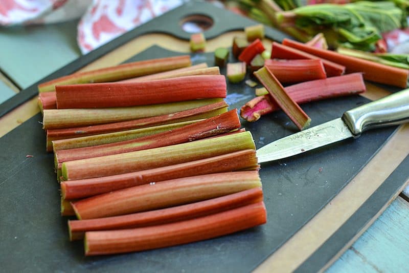 rhubarb being cut for a rhubarb tartlet