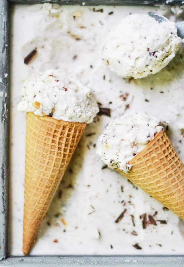 A delicious coconut milk ice cream with dark chocolate, almond, and toasted coconut mixed throughout.
