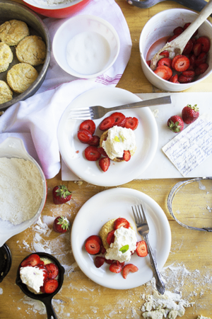 strawberry shortcake recipe. Old-fashioned biscuits with sweet strawberries and homemade whipping cream.