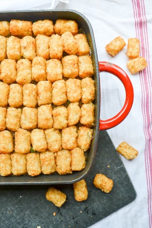 Also called "tater tot casserole", tater tot hotdish is a traditional Minnesotan dish complete with a variety of veggies and tater tots on top.