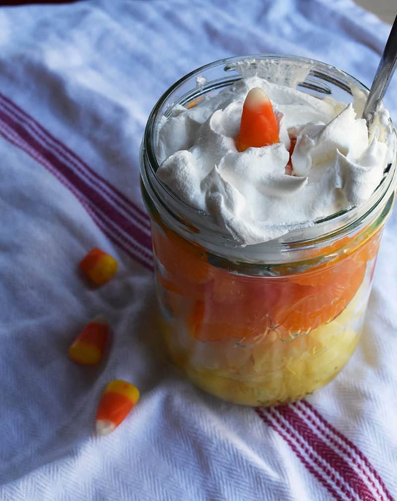 three ingredient Halloween candy corn fruit cup. Easy after school snack!