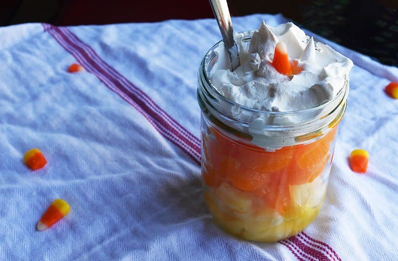 easy 3 ingredient Halloween candy corn fruit cup. Yum!! A great after-school snack.