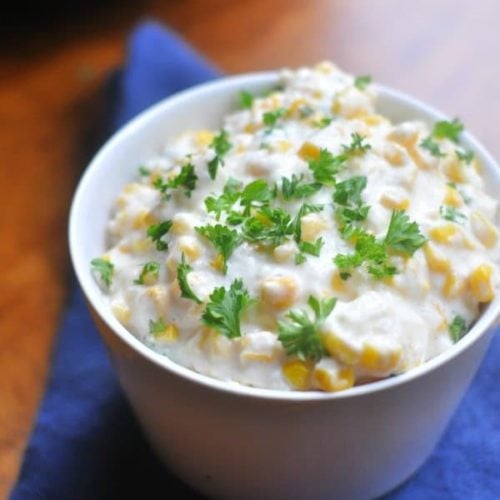 Crock Pot Creamed Corn from the Timeless Traditions recipe series. Easy to make and utterly decadent!