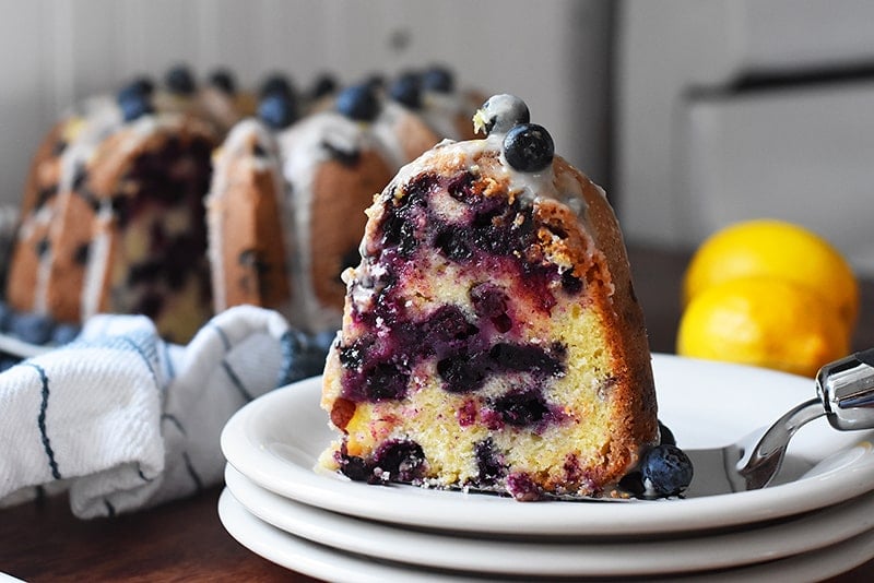 lemon blueberry bundt cake on a plate