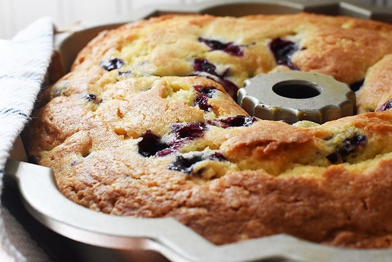 lemon blueberry bundt cake fresh out of the oven