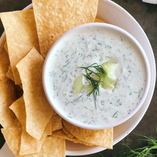 an easy, cool, and creamy cucumber dill dip made with greek yogurt.