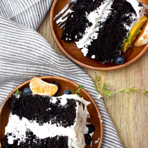 This is a homemade chocolate cake made with black cocoa and coffee. A deliciously grown-up cake.