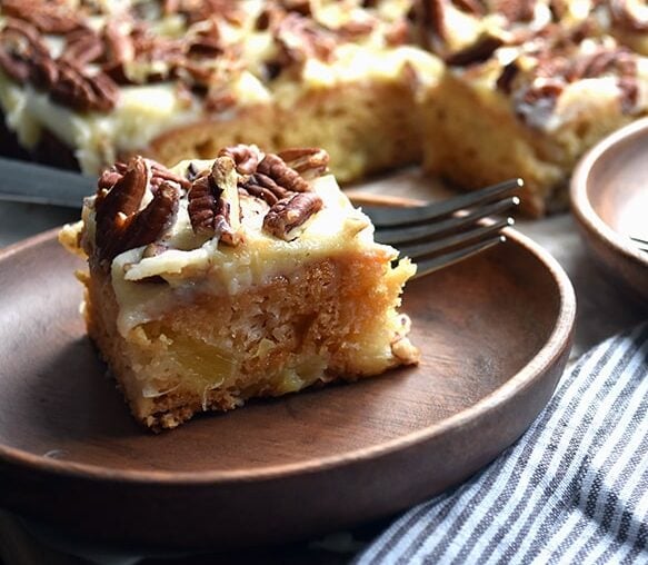 2 slices of pineapple cake on plates