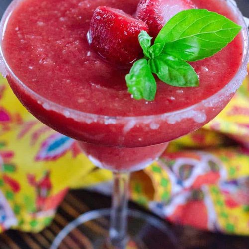 A delicious strawberry basil frozen margarita