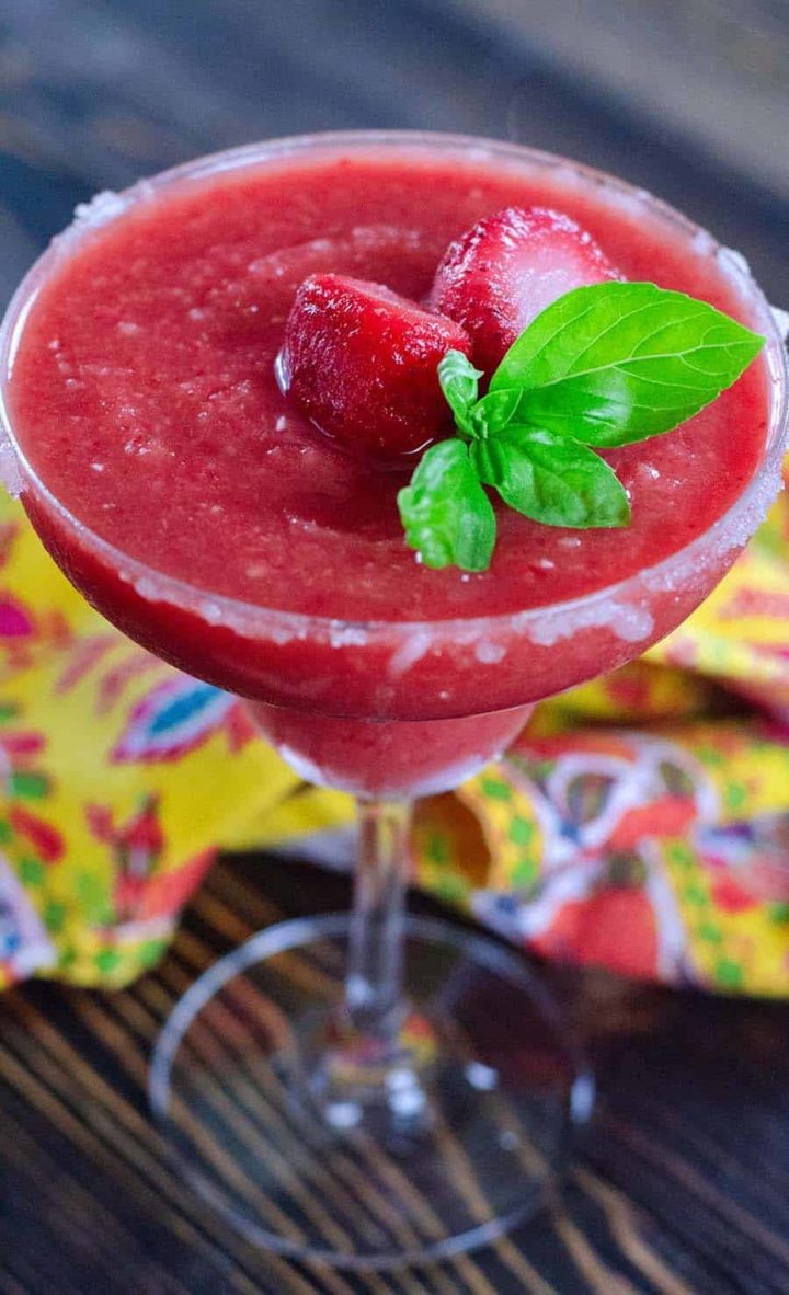 A delicious strawberry basil frozen margarita