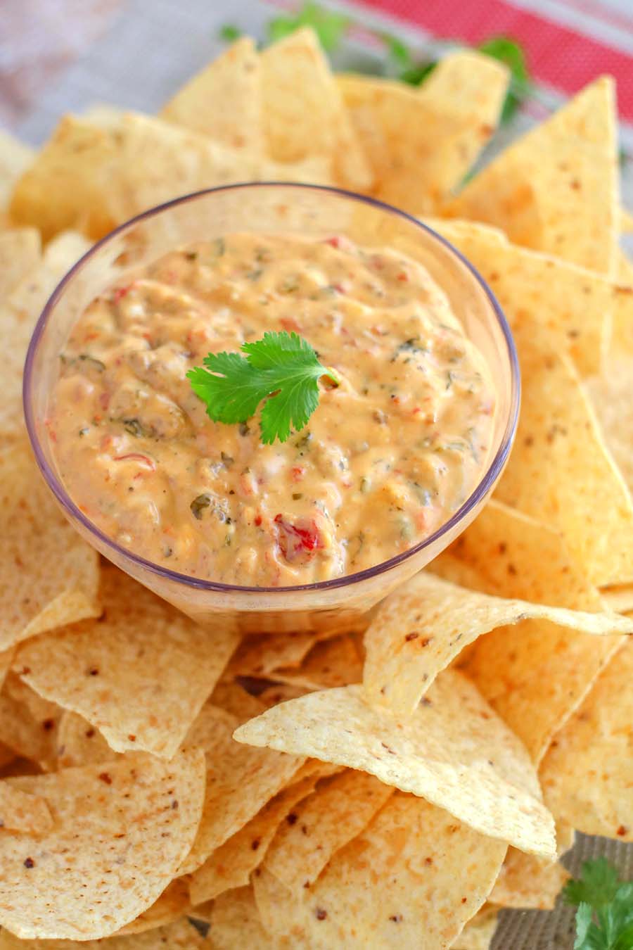 Creamy, cheesy, Velvetta and Ro-tel Dip in a bowl ready to be eaten.