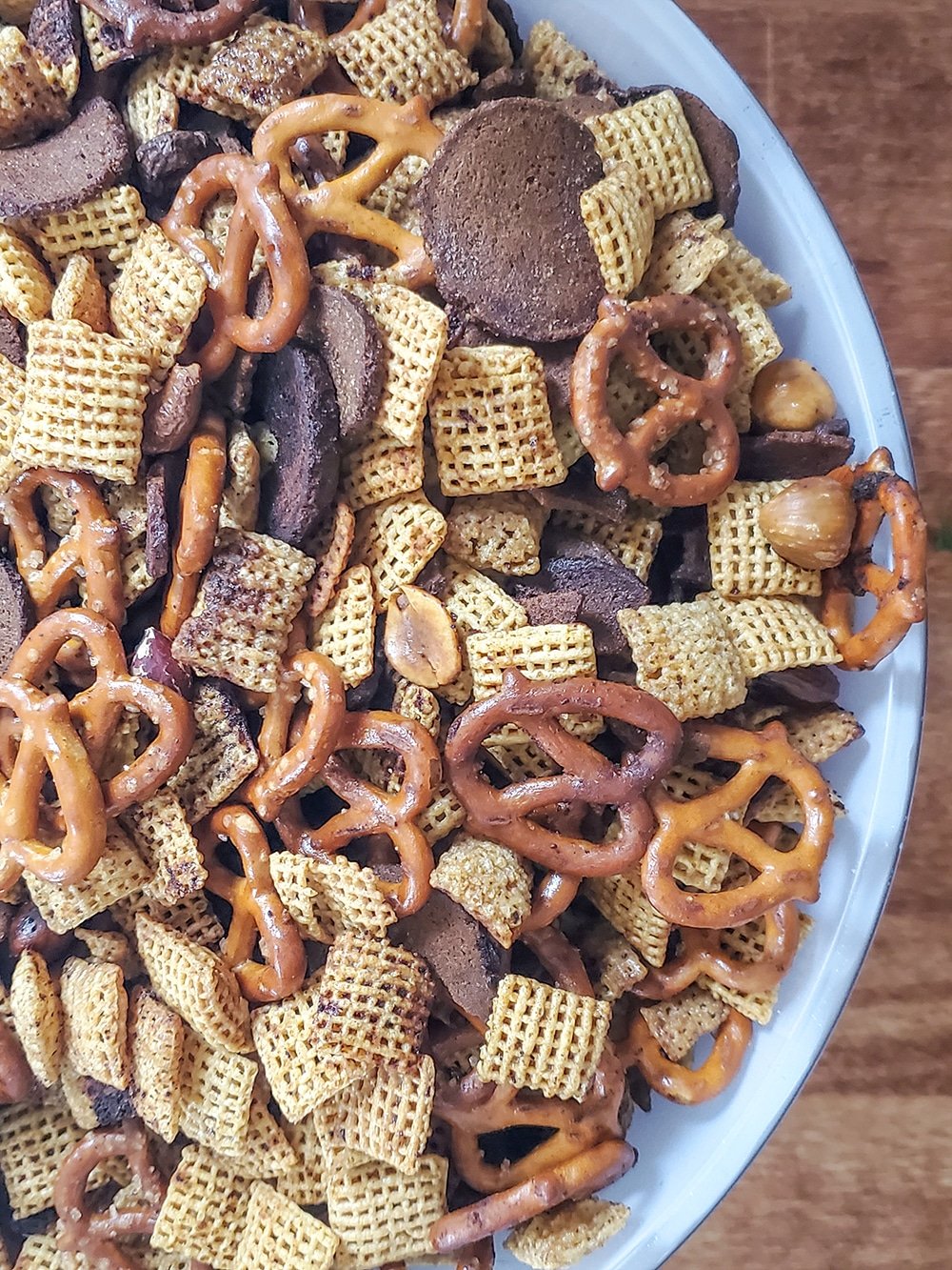 Bowl full of baked chex mix