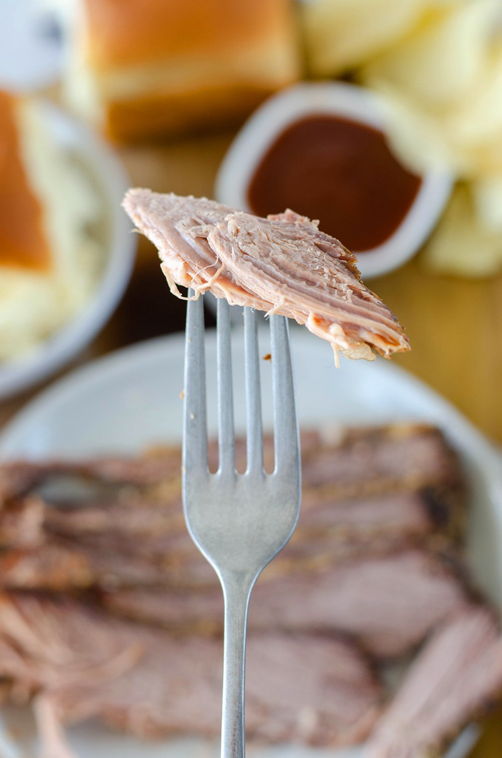 A forkful of beef brisket.