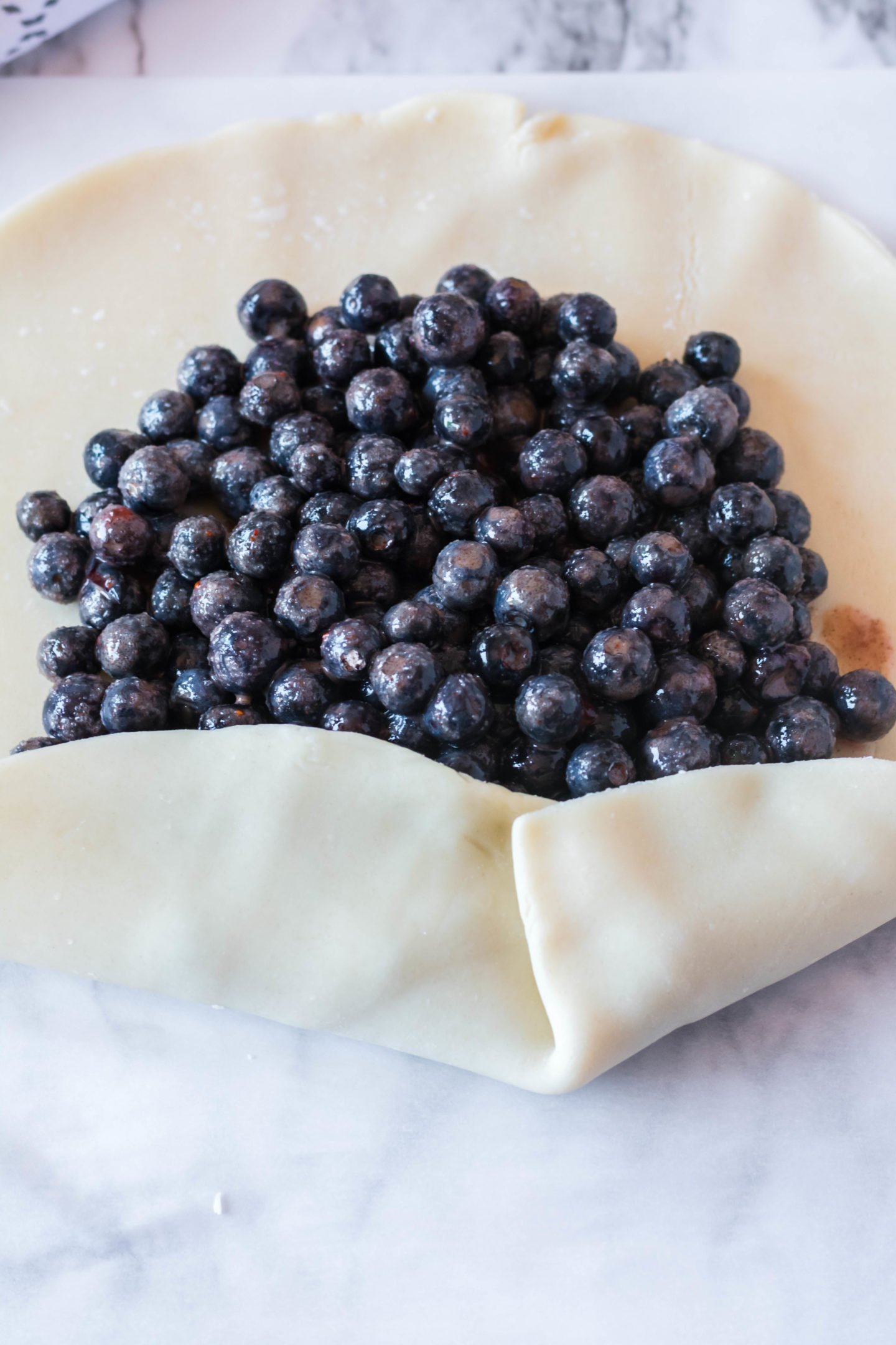 A pie crust wrapped around fresh blueberry filling.