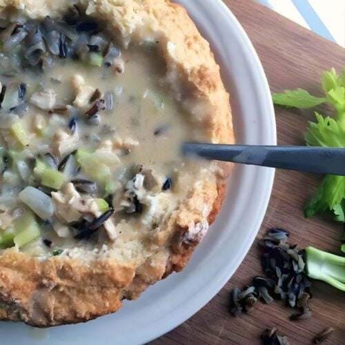 Minnesota dairy free wild rice soup in a bread bowl