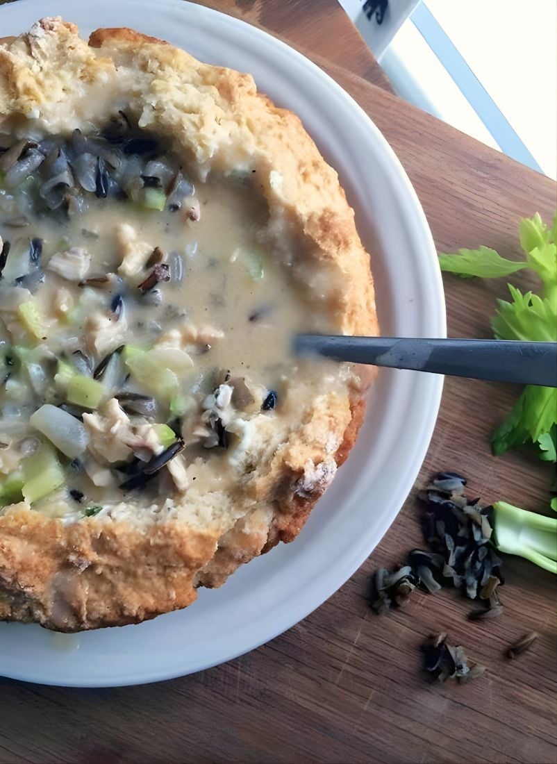Minnesota dairy free wild rice soup in a bread bowl