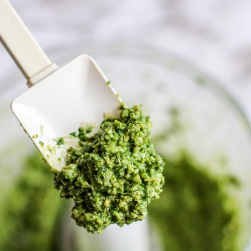 a spatula of fresh basil pesto