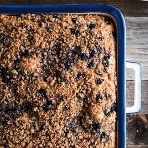 buttermilk blueberry coffee cake in a pan