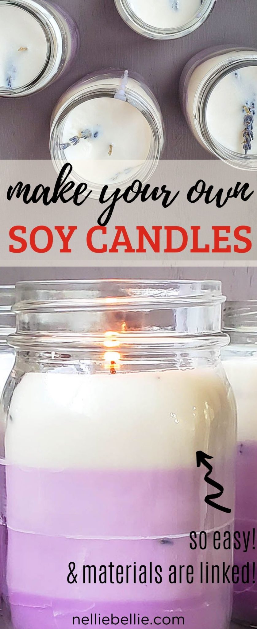DIY your own soy candles with this easy recipe. Create scented and unique candles in mason jars or recycled jars for a beautiful homemade gift idea. #candles #diy #easy #homemade #masonjar