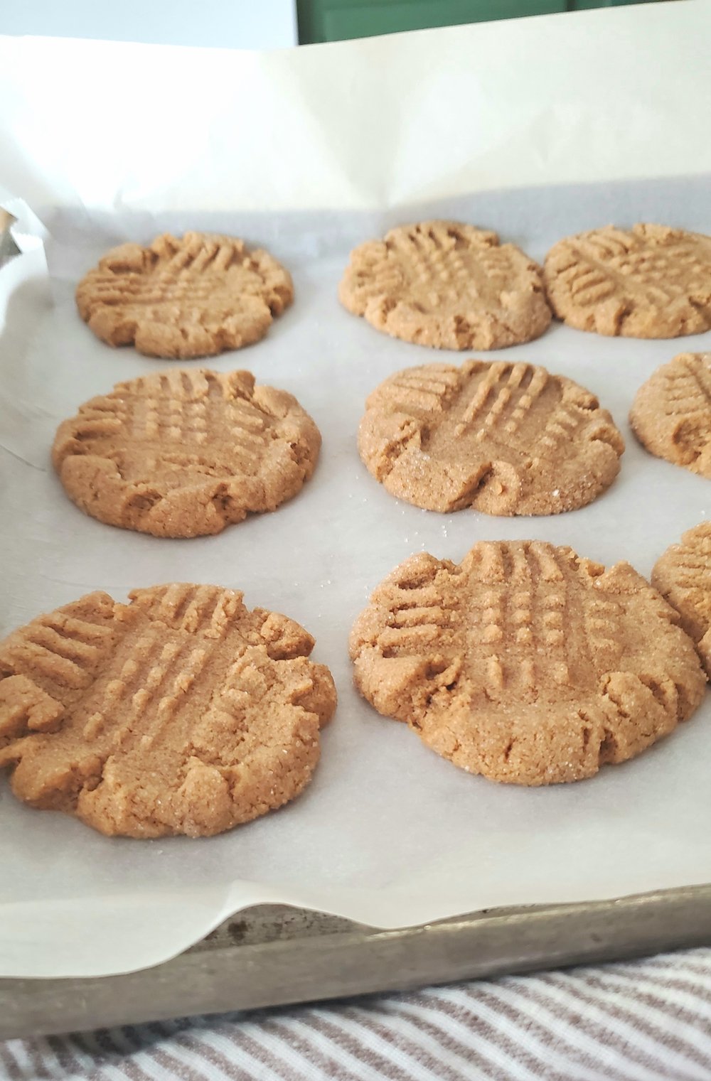 Peanut butter cookies sitting on a pan.