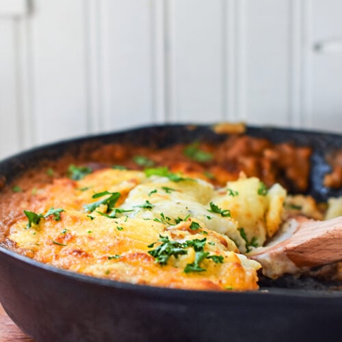 shepherds pie made up in a cast iron pan