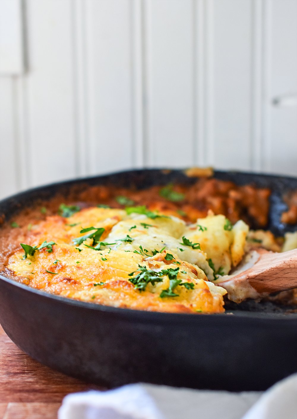 shepherds pie made up in a cast iron pan