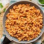 Taco macaroni and cheese in a skillet